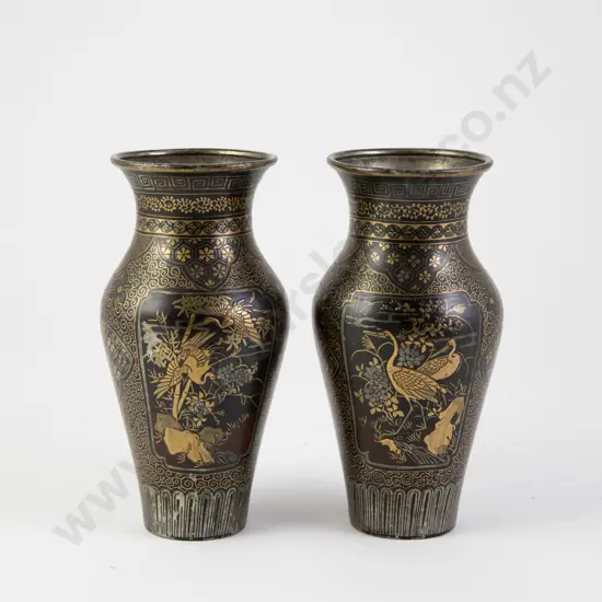 Pair Japanese Late C19th Gilt Decorated Bronze Vases and Rose Bowl