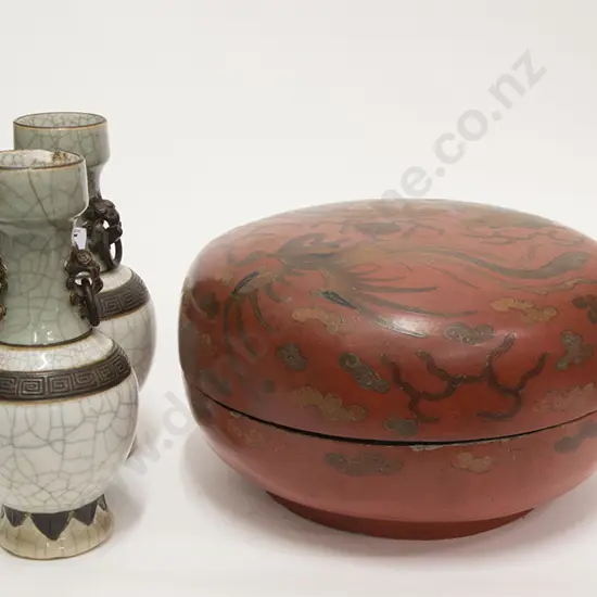 Late C19th Chinese Red Lacquered Box and Cover and Pair Vases