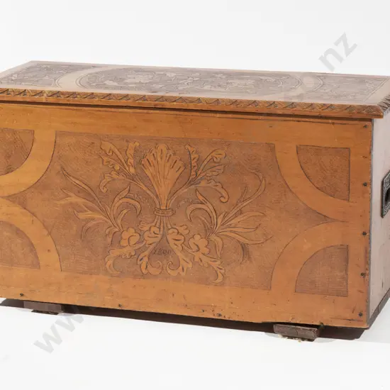 NZ Colonial Kauri Pokerwork Coffer