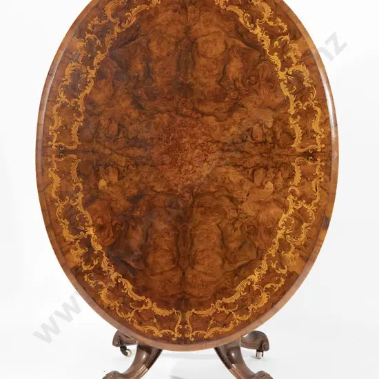 Victorian Burr Walnut & Marquetry Oval Snap Top Loo Table