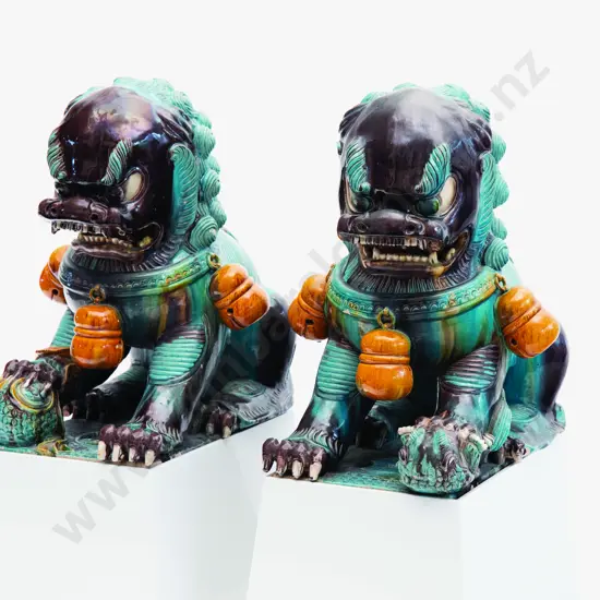 Pair of C19th Chinese Famille Verte Temple Lions