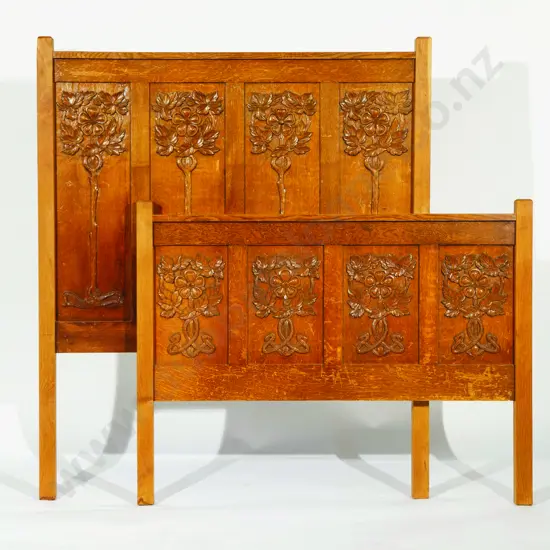 Pair of Art Nouveau Oak Single Bed Ends