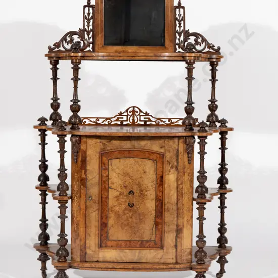 Victorian Burr Walnut and Marquetry Whatnot Cabinet