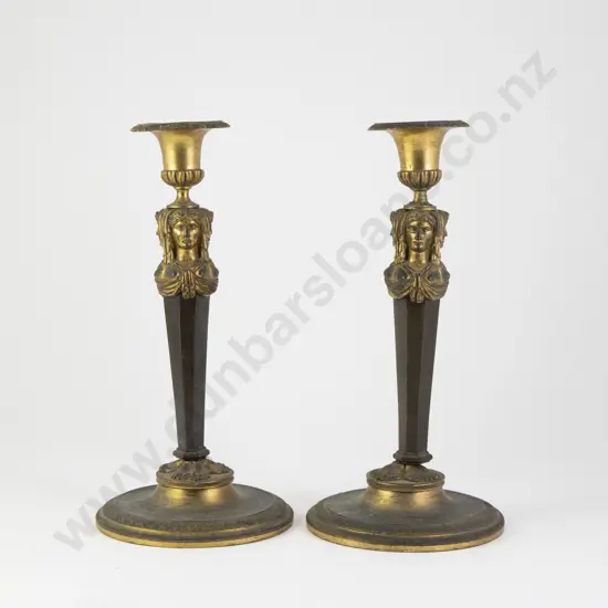Pair Napoleonic Bronze and Ormolu Candle Stands