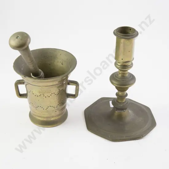 Early Brass Candlestick and Mortar and Pestle