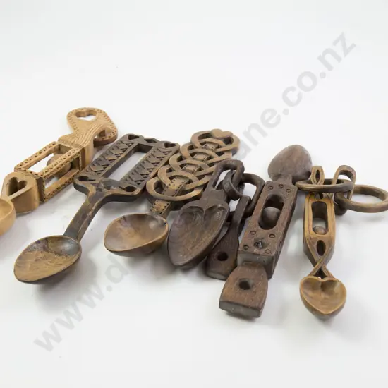 Six Welsh Carved wood Marriage Spoons