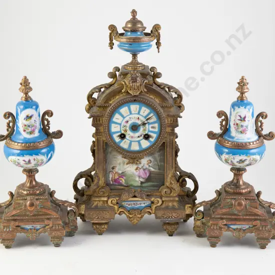 Late C19th Sevres Pattern Ormolu Clock Garniture