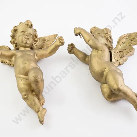Pair Re-gilded Carved Wooden Cherub Figures