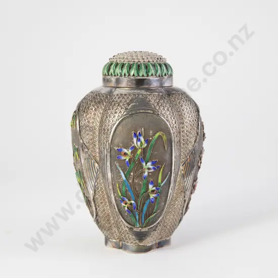 Chinese Silver & Enamel Caddy