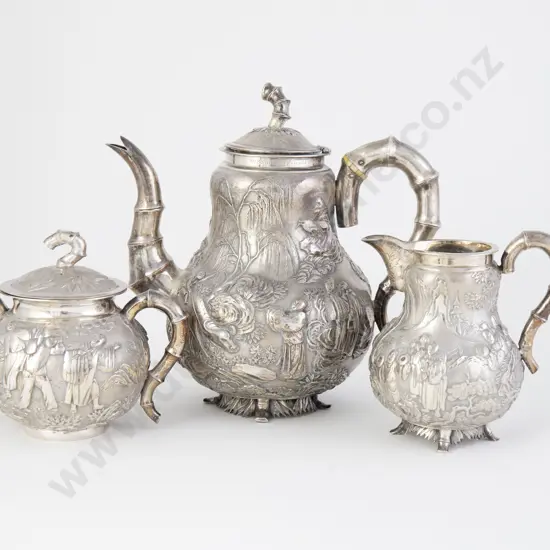 Chinese Export 3 Piece Silver Teaset