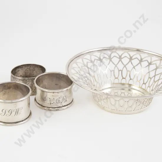 Geo V S/S Bowl, 3 Napkin Rings, Fruit Knife