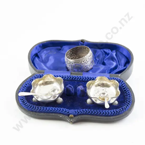 Cased Pair Vict S/S Salts & Napkin Ring