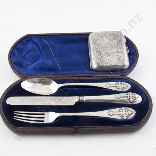 Cased Vict S/S Christening Set & Cig Case