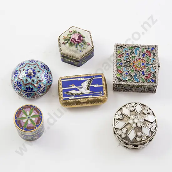 Collection of Six Various Enamelled Pots and Boxes