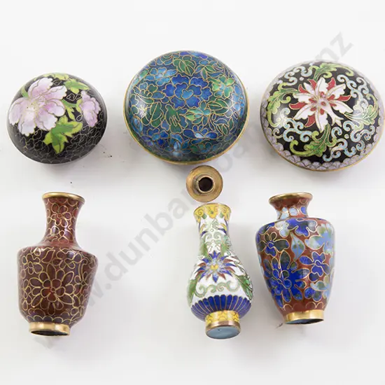 Collection of Six Miniature Cloisonne Boxes and Vases