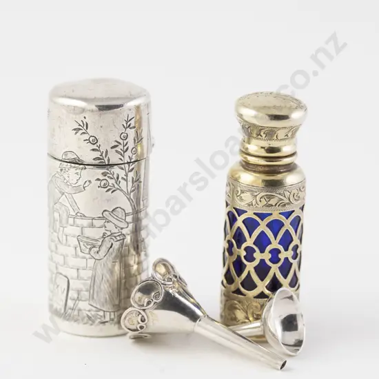 Two Victorian Silver Smelling Salts Phials, Two Scent Funnels