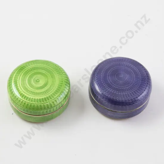Two S/S Purple and Green Guilloché Enamel Circular Pill Boxes