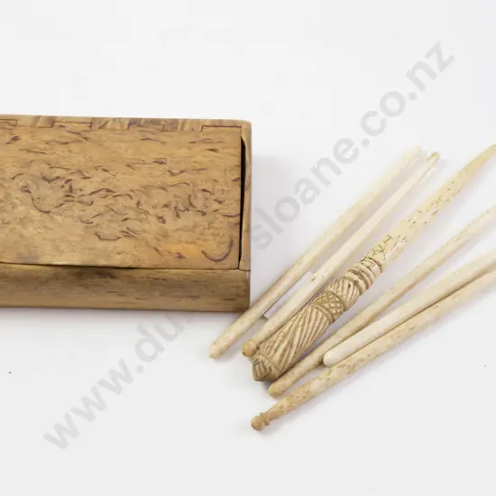 Victorian Maple Cigarette Box and Six Bone Crochet Implements