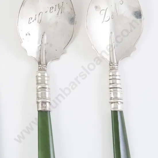 Pair NZ Silver Greenstone Handled Jam Spoons