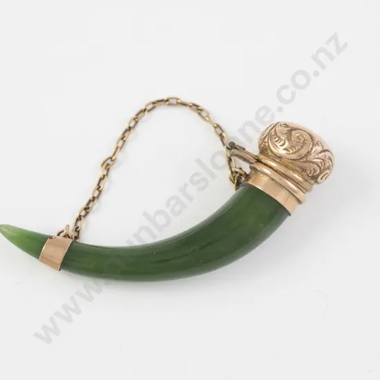 NZ Colonial 9ct Mounted Greenstone Powder Horn Fob