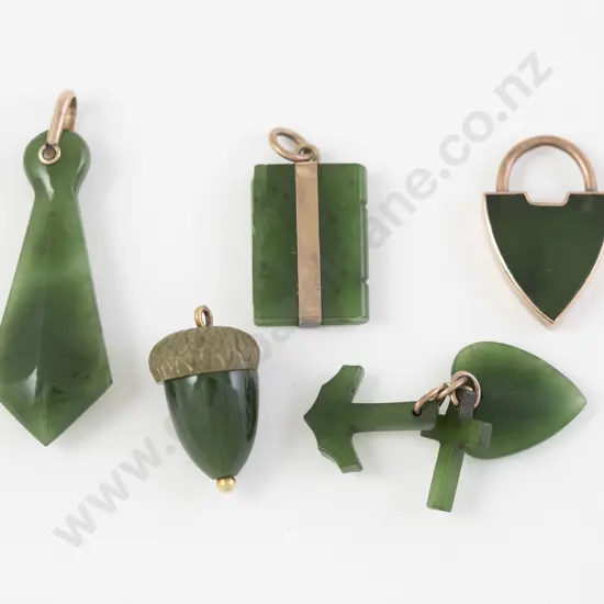 Five Gold Mounted Greenstone Charms