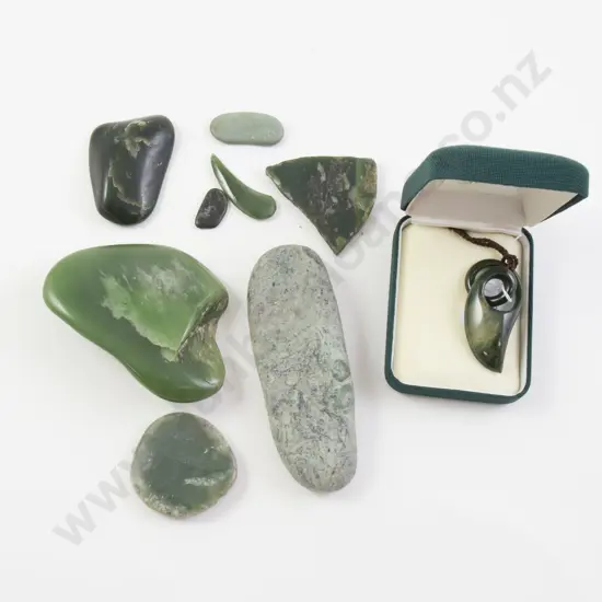 Greenstone Pieces (8) and Worked Pendant