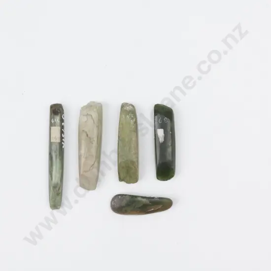 Five Small Pre C19th Maori Greenstone Whao (Chisels). PROVENANCE: Ex Webster Collection (some numbers indecipherable). L.3-5cm. Y15622