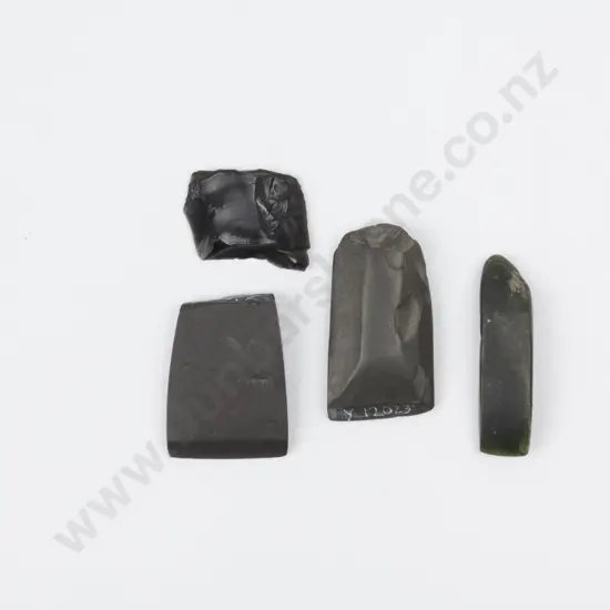 Three Small Pre C19th Maori Stone Whao (Chisels). Together with an obsidian flake. PROVENANCE: One whao Webster Collection no.428. Whao L.4cm ea (approx). Y15625