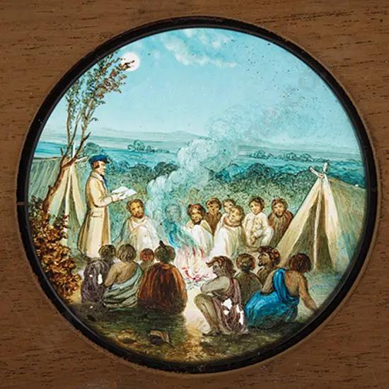Magic Lantern Slide of a missionary preaching to a gathering of Maori. (c. 1850)