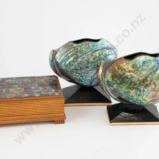 NZ Ataahua Ware Cigarette Box and Pair Paua Shell Vase/Ornments