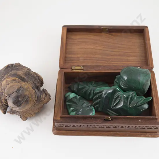 Four Carved Malachite Mask Pieces, box and root