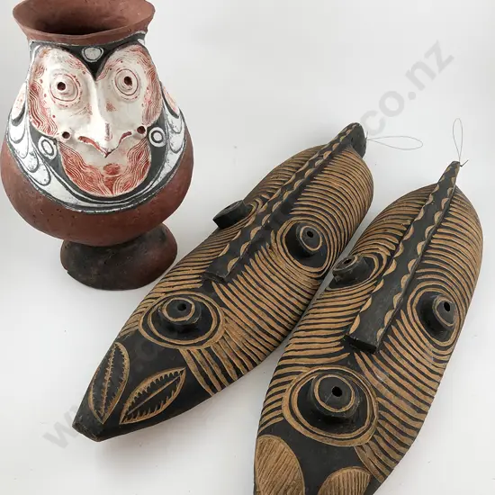 Chambri Pottery Mask Storage Vessel and two mask shields