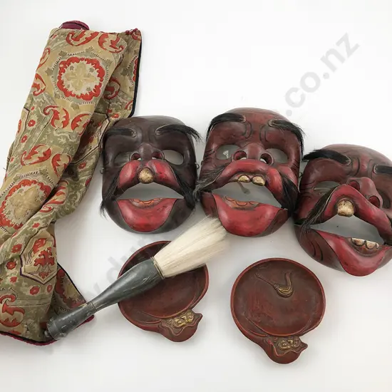 Three Japanese Lacquered Face Masks and asstd