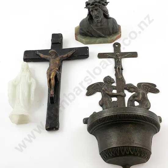 Cast Metal Holy Water Font, crucifix, bust and statue
