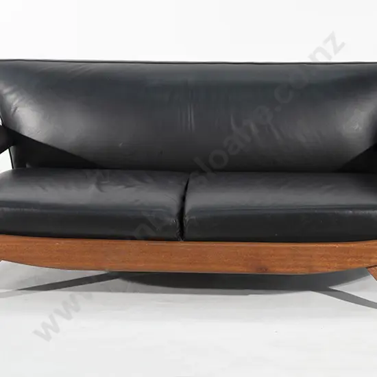 Two Mid C20th Design Black Leather & Teak Sofa