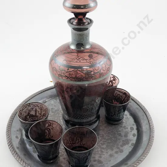 Mid C20th Venetian Purple Glass Liquor Decanter & Six Goblets