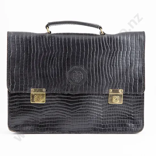 Double Lock Stiffened & Patterned Black Leather Brief Case