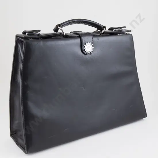 Double Closure Stiffened Black Leather Brief Case