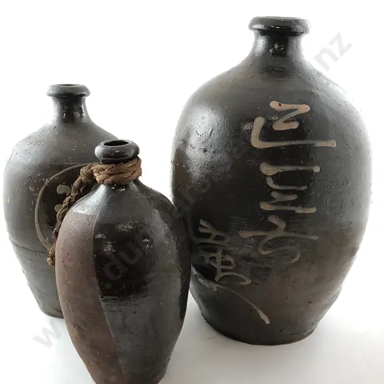 Three Japanese Late Edo Pottery Saki Flasks