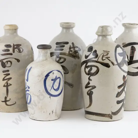 Five Japanese Late Edo Pottery Saki Flasks