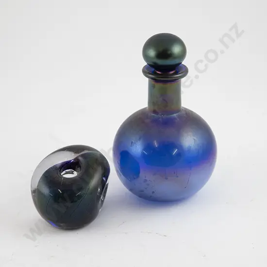Glass Artist Iridescent Blue Stoppered Flask and Paperweight