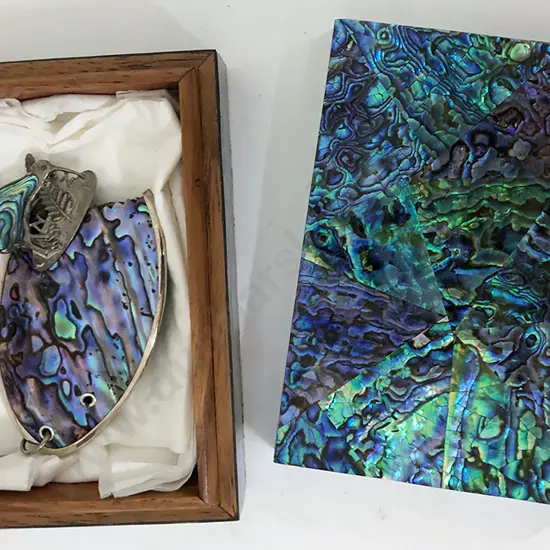 Silver Framed Paua Pendant and Brooch, box