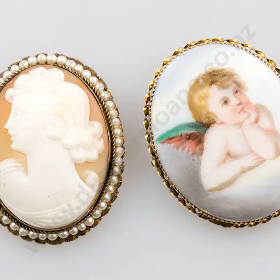 9ct Framed Tile Brooch & Plated Cameo Brooch