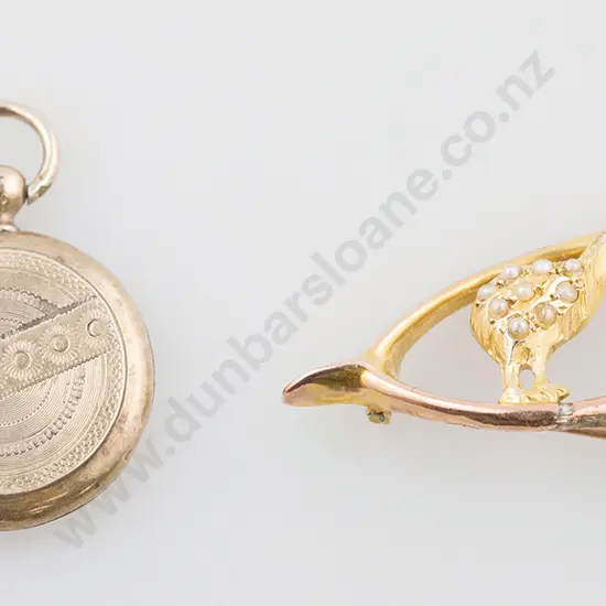 9ct Kiwi Wishbone Brooch & 9ct Photo Locket