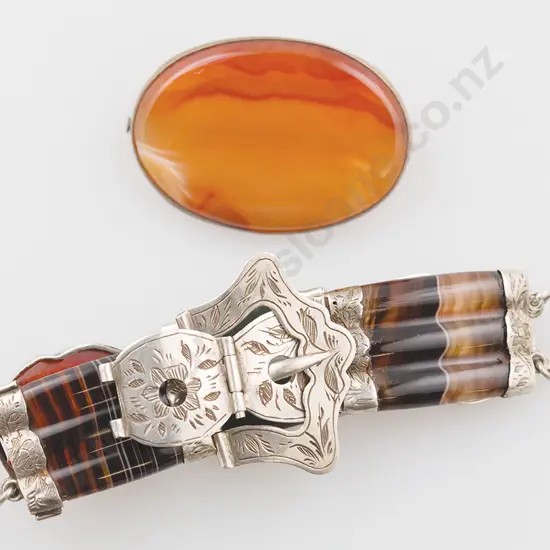 Vict S/S Agate Bracelet & Cornelian Brooch