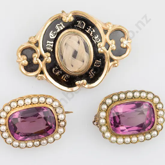 Vict Hair Memorial Brooch & Two Amethyst Style Brooches