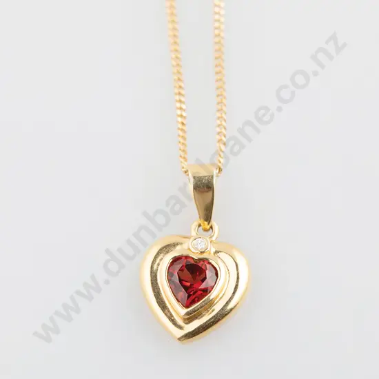 18ct Two Stone Garnet & Diamond Heart Pendant