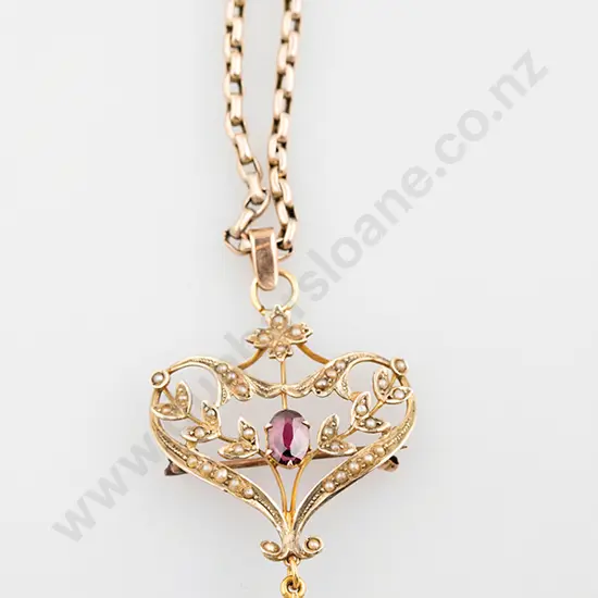 Edwardian 9ct Garnet & Seed Pearl Shield Pendant