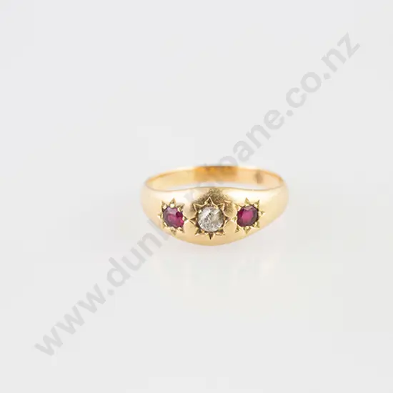 Victorian 15ct Three Stone Ruby and Diamond Band Ring