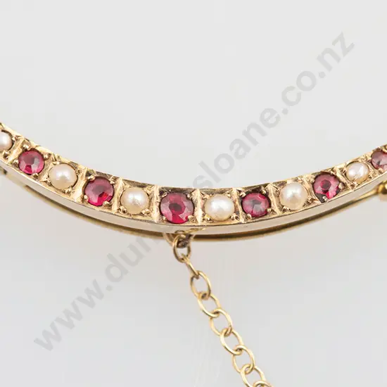 9ct Ruby & Half Pearl Crescent Brooch